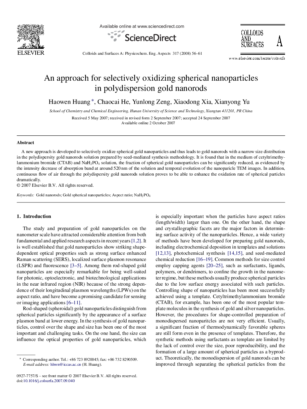 An approach for selectively oxidizing spherical nanoparticles in polydispersion gold nanorods