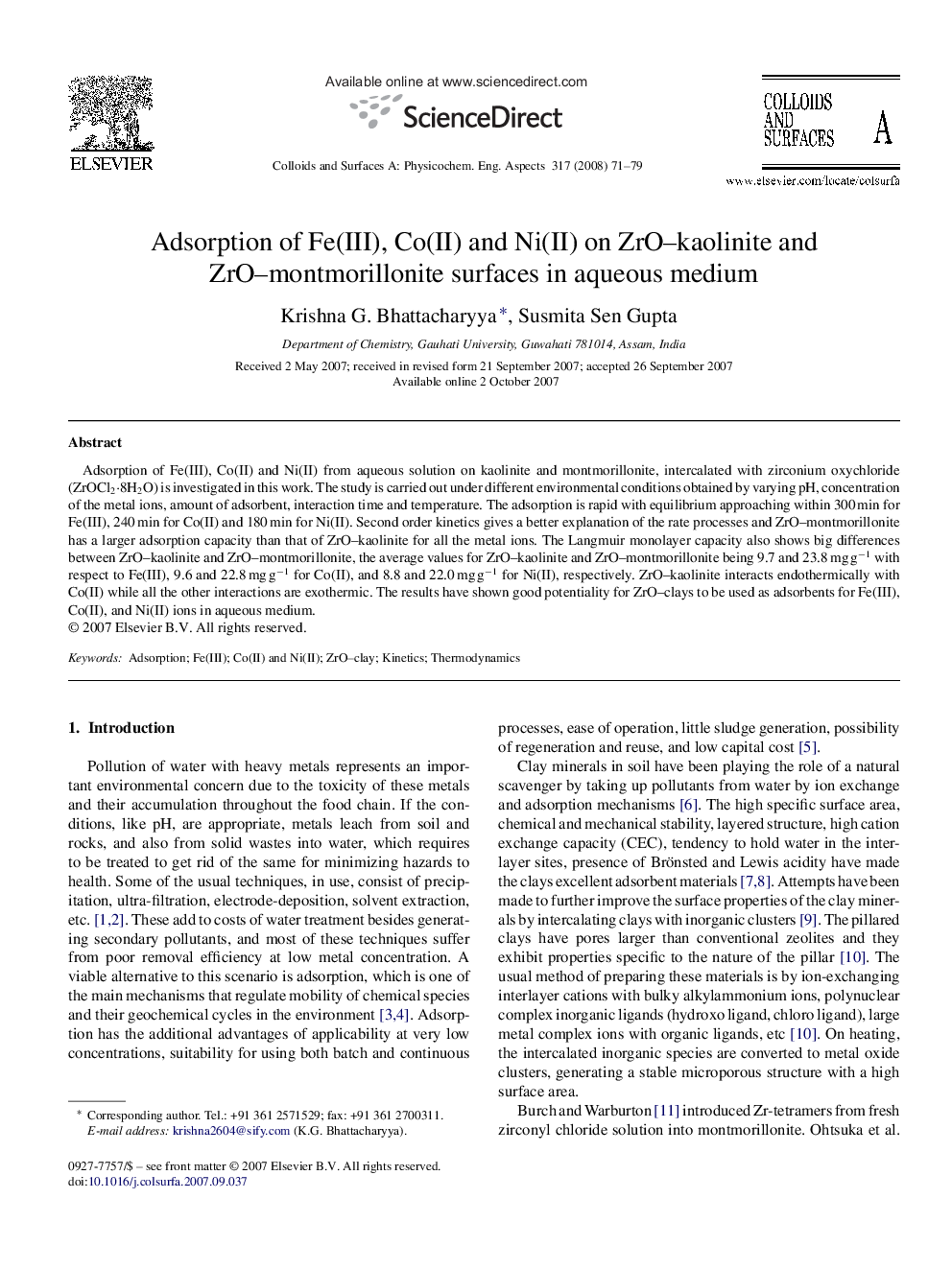 Adsorption of Fe(III), Co(II) and Ni(II) on ZrO–kaolinite and ZrO–montmorillonite surfaces in aqueous medium