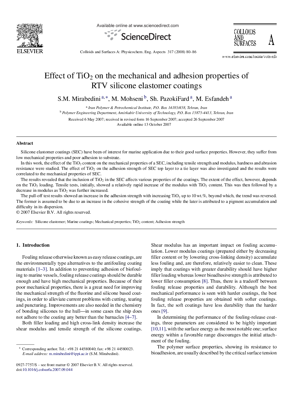 عکس صفحه اول مقاله: Effect of TiO2 on the mechanical and adhesion properties of RTV silicone elastomer coatings Effect of TiO2 on the mechanical and adhesion properties of RTV silicone elastomer coatings