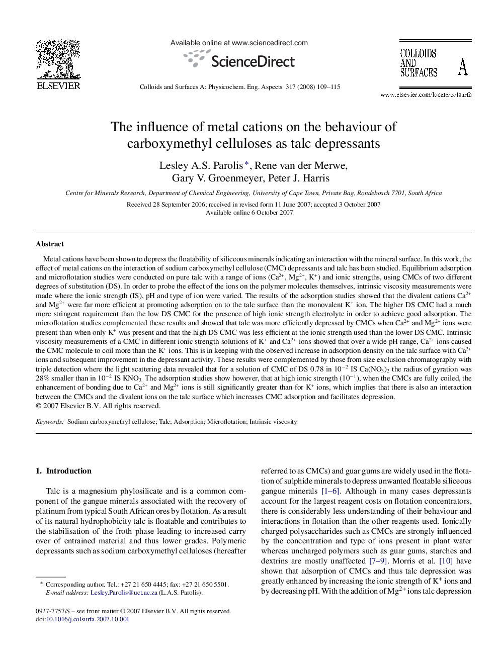 The influence of metal cations on the behaviour of carboxymethyl celluloses as talc depressants