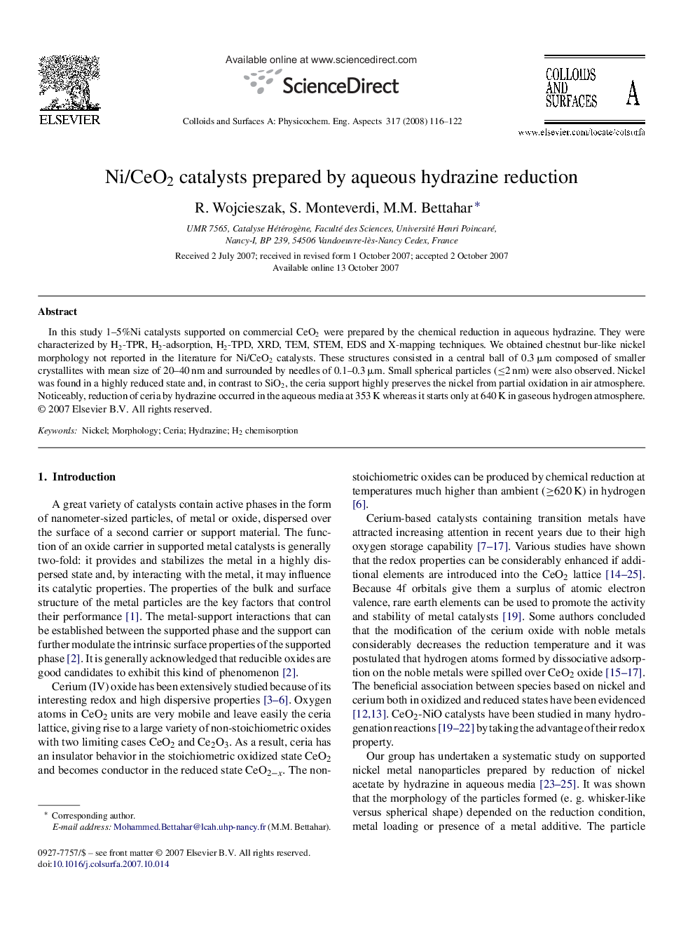 Ni/CeO2 catalysts prepared by aqueous hydrazine reduction