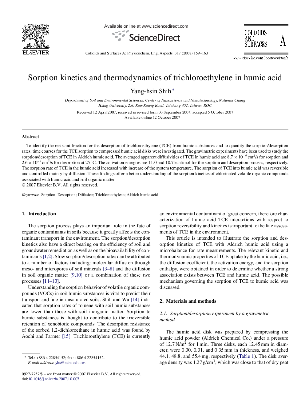 Sorption kinetics and thermodynamics of trichloroethylene in humic acid