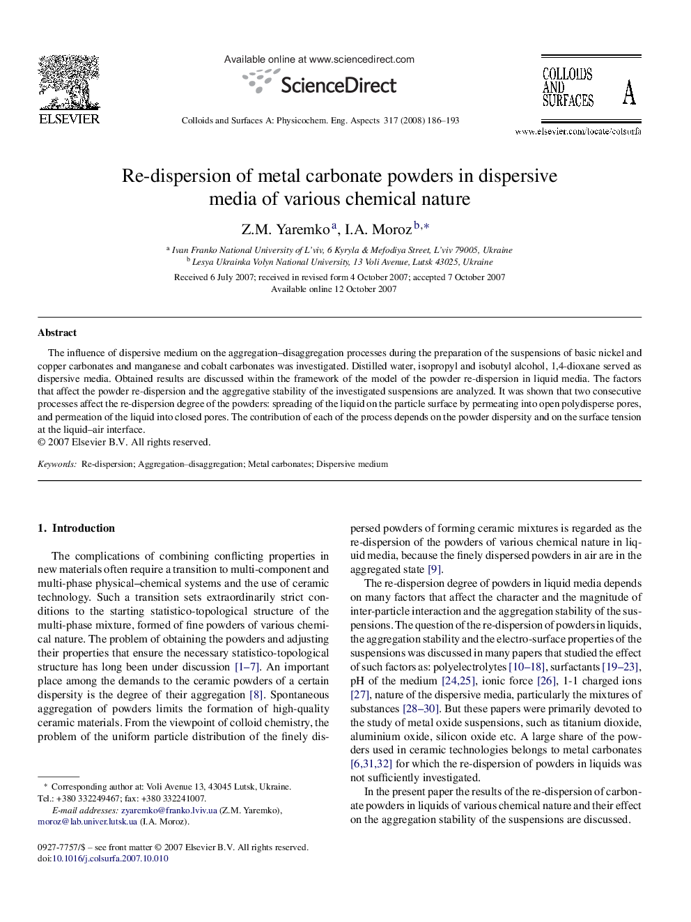 Re-dispersion of metal carbonate powders in dispersive media of various chemical nature