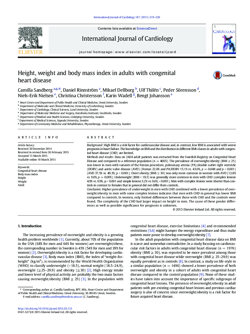 Height, weight and body mass index in adults with congenital heart disease