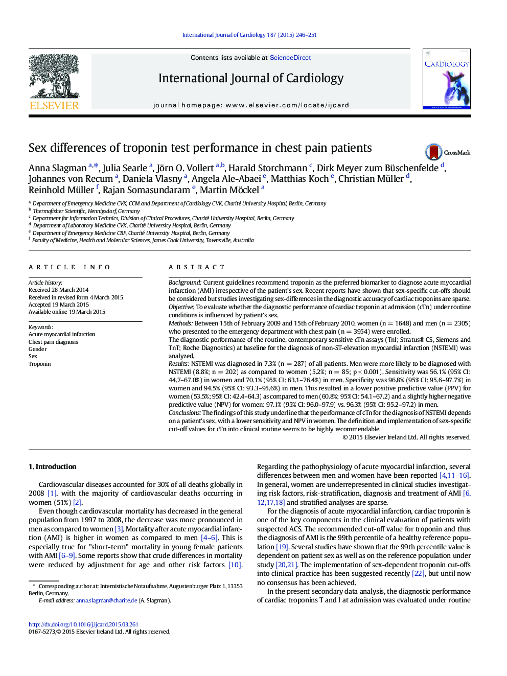 Sex differences of troponin test performance in chest pain patients