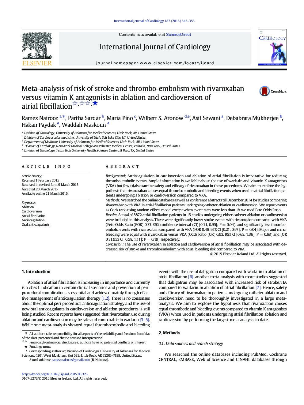 Meta-analysis of risk of stroke and thrombo-embolism with rivaroxaban versus vitamin K antagonists in ablation and cardioversion of atrial fibrillationâ