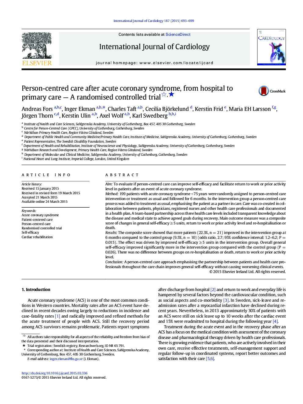 Person-centred care after acute coronary syndrome, from hospital to primary care - A randomised controlled trialâ