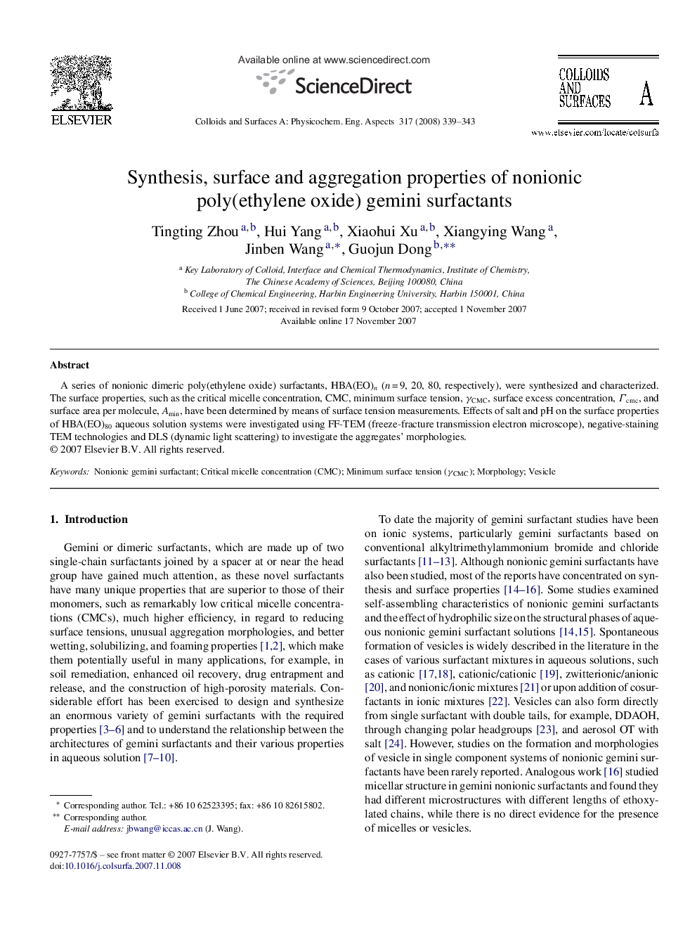 Synthesis, surface and aggregation properties of nonionic poly(ethylene oxide) gemini surfactants