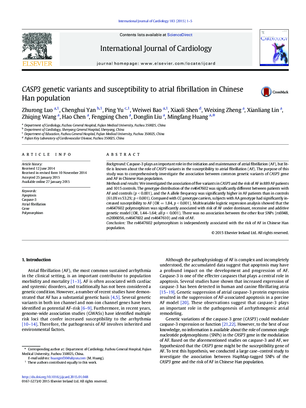 CASP3 genetic variants and susceptibility to atrial fibrillation in Chinese Han population