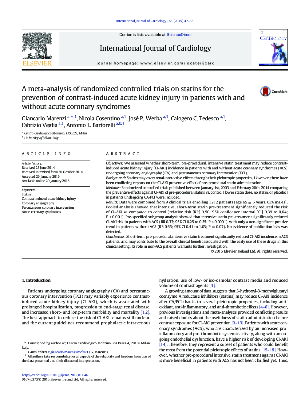 A meta-analysis of randomized controlled trials on statins for the prevention of contrast-induced acute kidney injury in patients with and without acute coronary syndromes