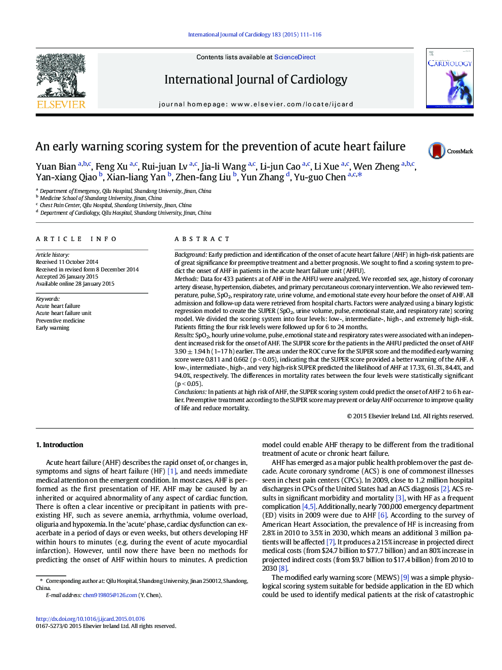 An early warning scoring system for the prevention of acute heart failure