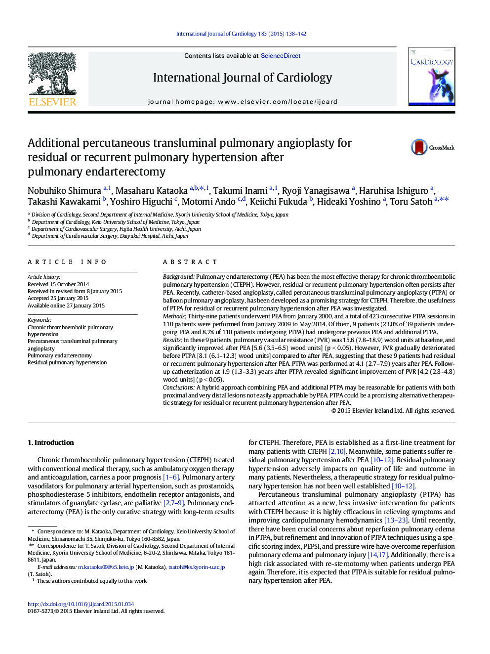 Additional percutaneous transluminal pulmonary angioplasty for residual or recurrent pulmonary hypertension after pulmonary endarterectomy