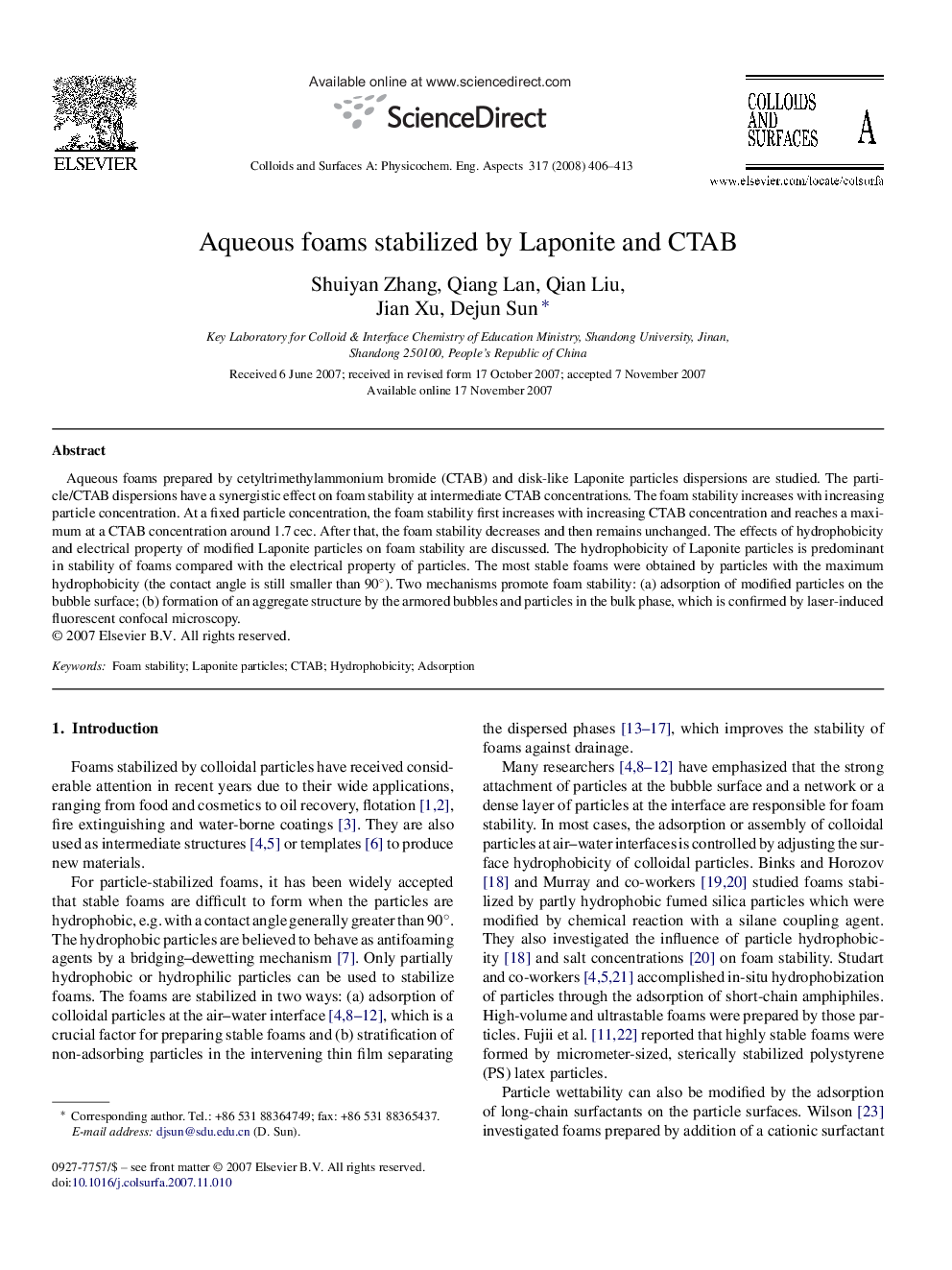 Aqueous foams stabilized by Laponite and CTAB