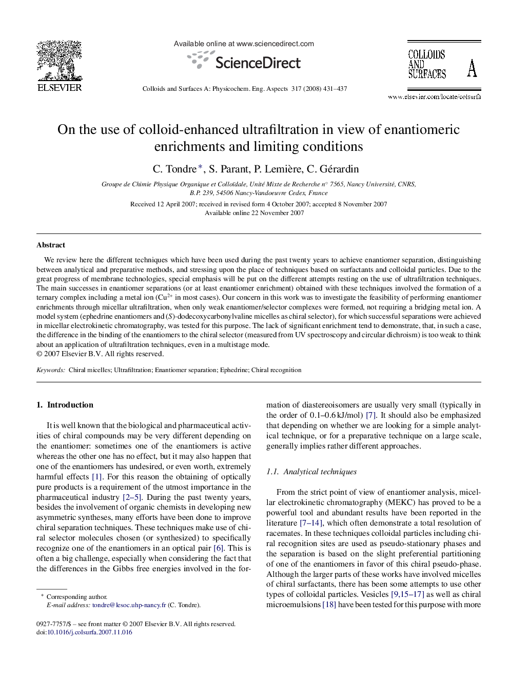 On the use of colloid-enhanced ultrafiltration in view of enantiomeric enrichments and limiting conditions