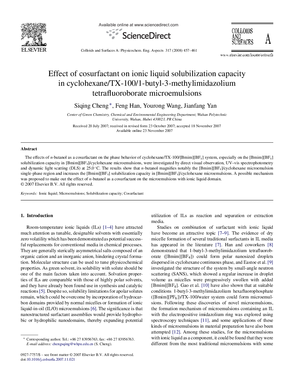 Effect of cosurfactant on ionic liquid solubilization capacity in cyclohexane/TX-100/1-butyl-3-methylimidazolium tetrafluoroborate microemulsions