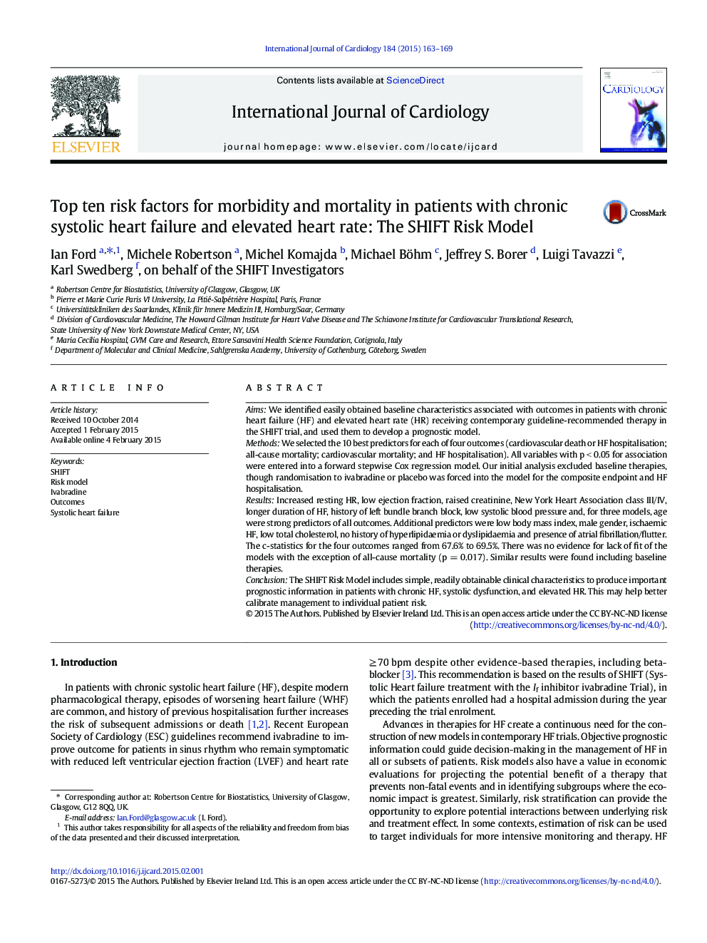 Top ten risk factors for morbidity and mortality in patients with chronic systolic heart failure and elevated heart rate: The SHIFT Risk Model