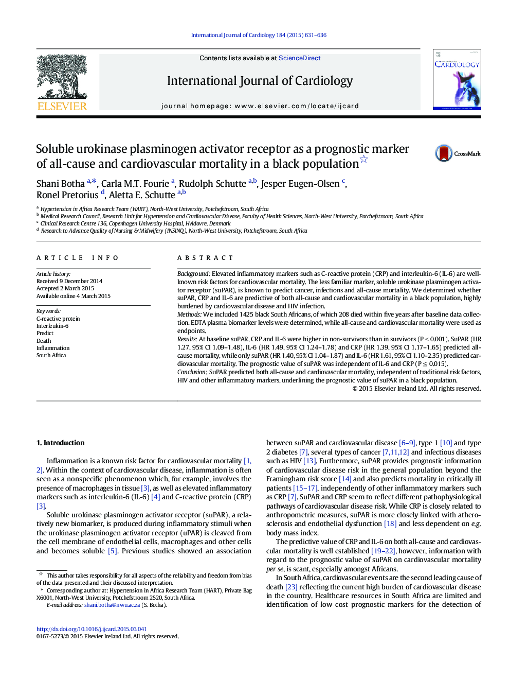 Soluble urokinase plasminogen activator receptor as a prognostic marker of all-cause and cardiovascular mortality in a black population