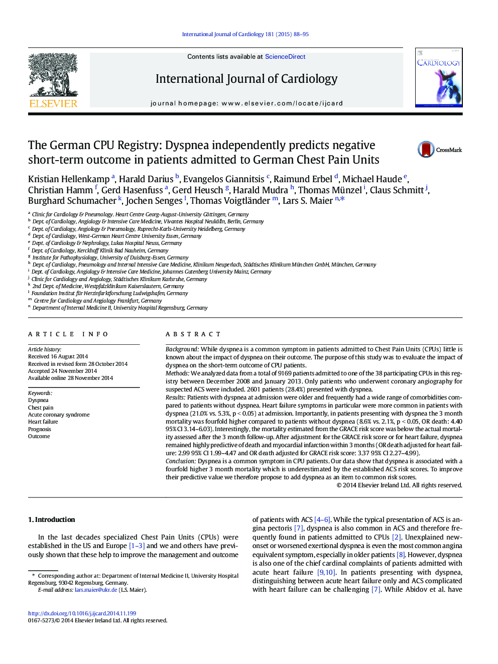 The German CPU Registry: Dyspnea independently predicts negative short-term outcome in patients admitted to German Chest Pain Units