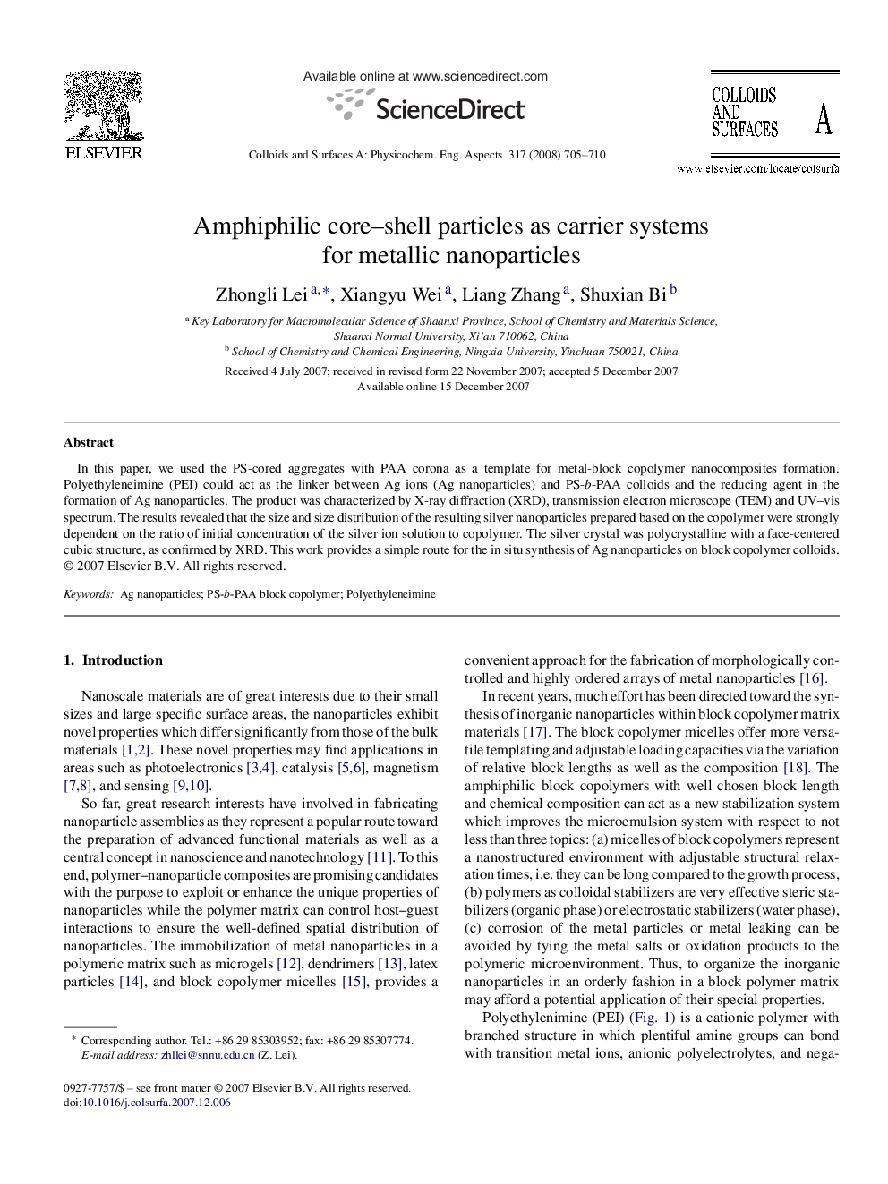 Amphiphilic core–shell particles as carrier systems for metallic nanoparticles