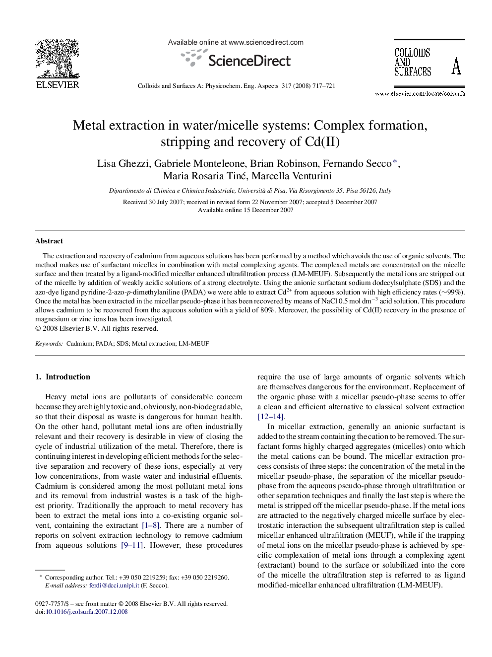 عکس صفحه اول مقاله: Metal extraction in water/micelle systems: Complex formation, stripping and recovery of Cd(II) Metal extraction in water/micelle systems: Complex formation, stripping and recovery of Cd(II)