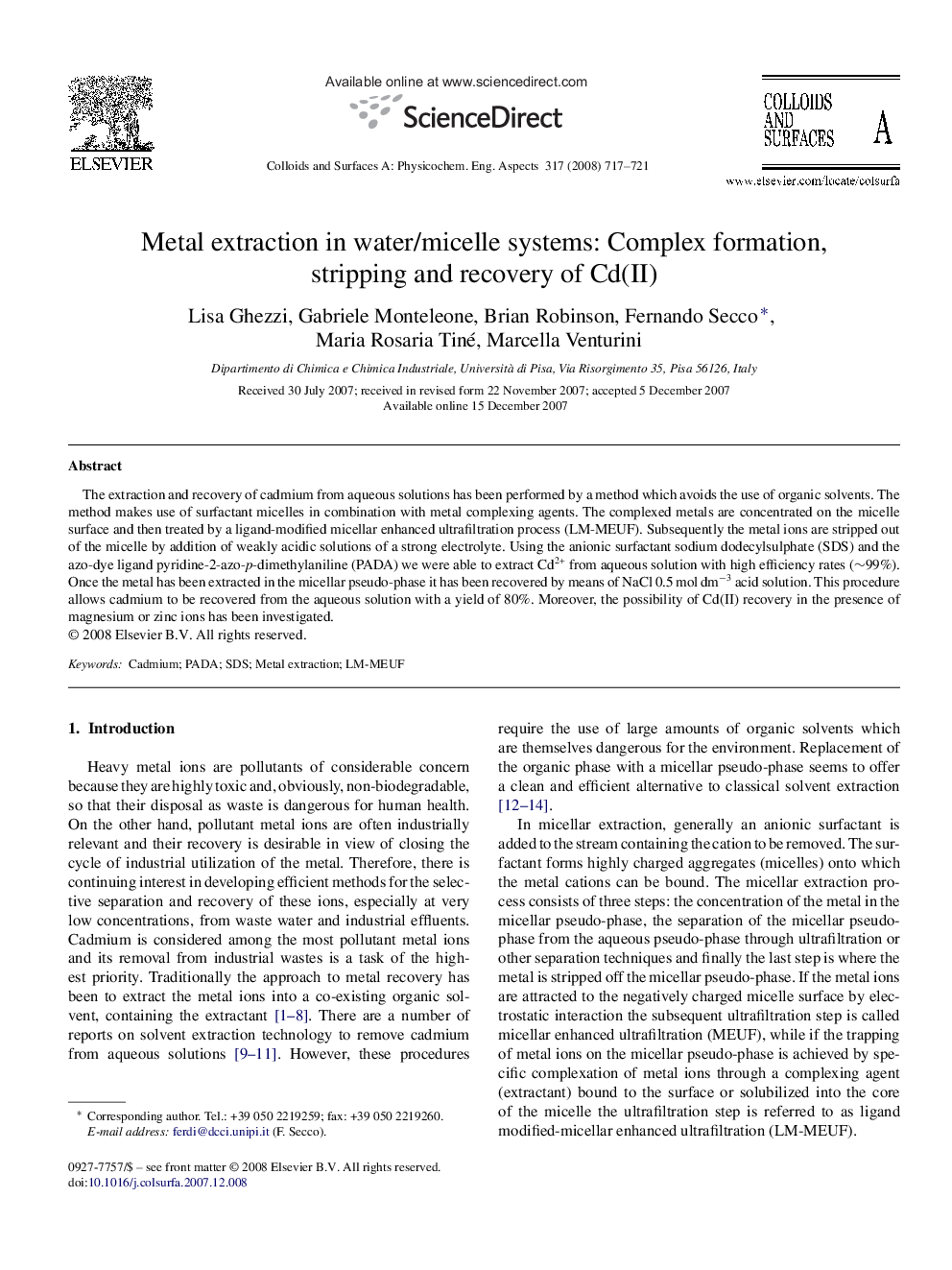 Metal extraction in water/micelle systems: Complex formation, stripping and recovery of Cd(II)