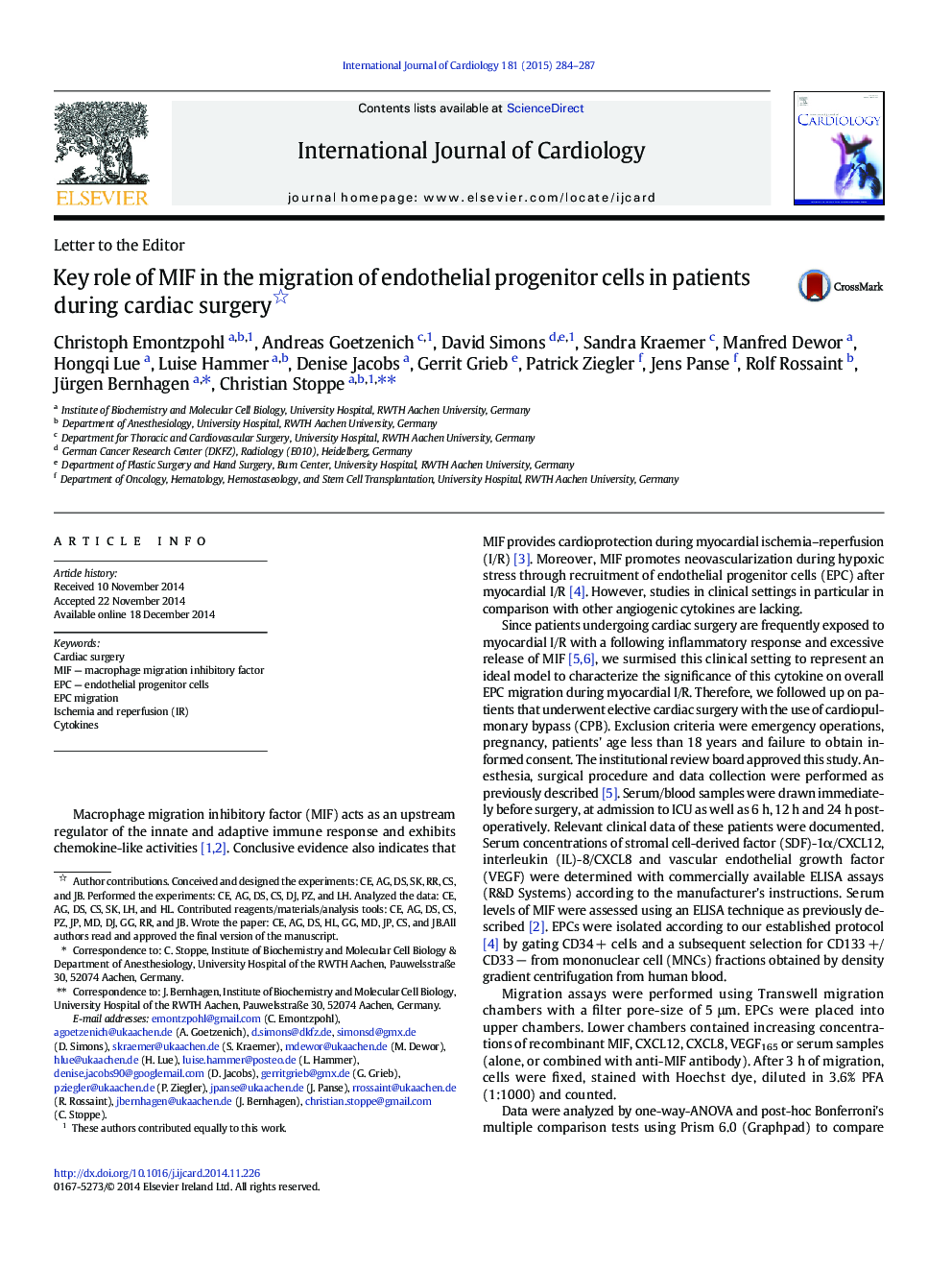 Key role of MIF in the migration of endothelial progenitor cells in patients during cardiac surgery