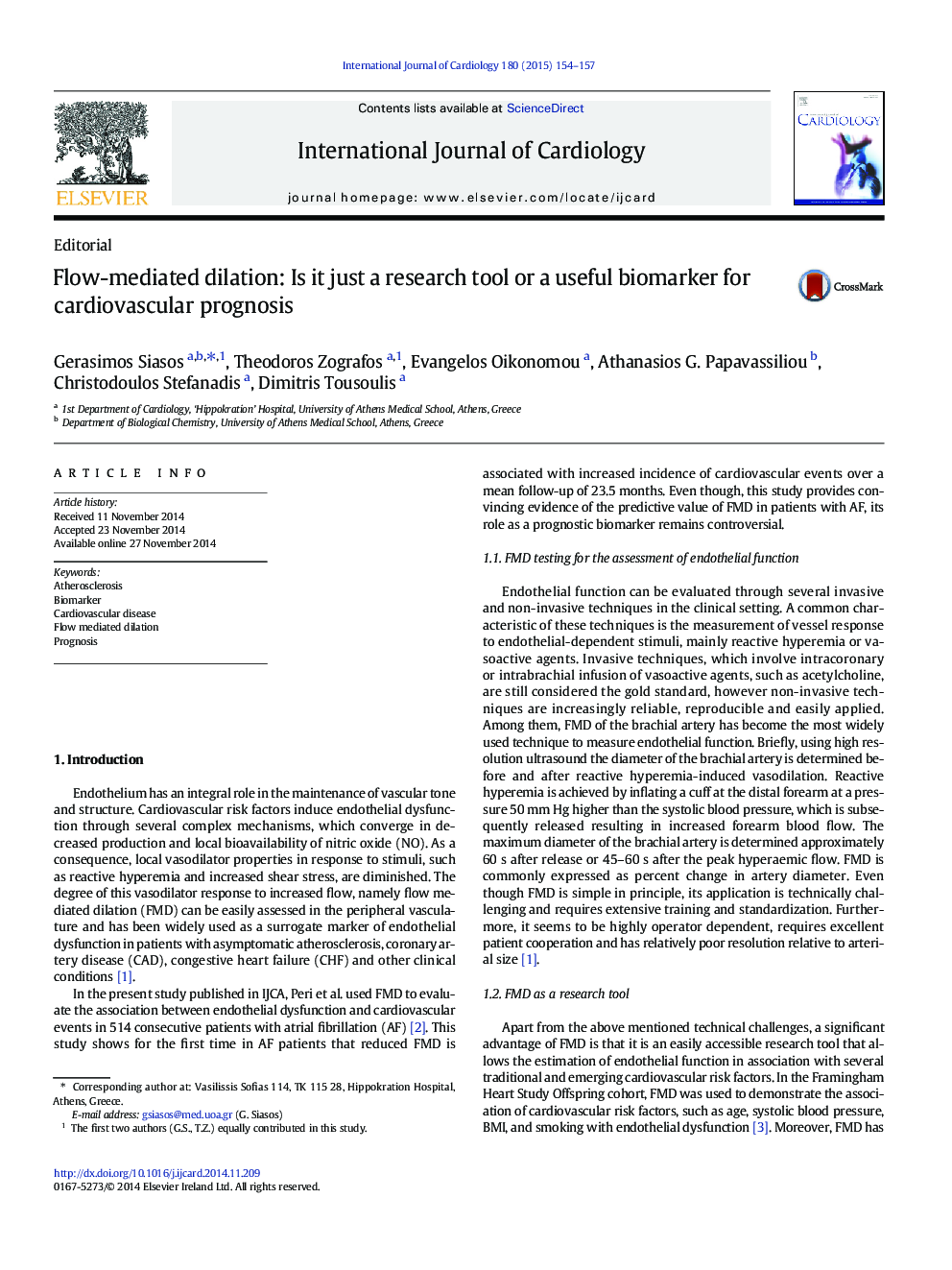 Flow-mediated dilation: Is it just a research tool or a useful biomarker for cardiovascular prognosis