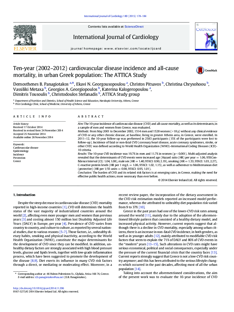 Ten-year (2002-2012) cardiovascular disease incidence and all-cause mortality, in urban Greek population: The ATTICA Study