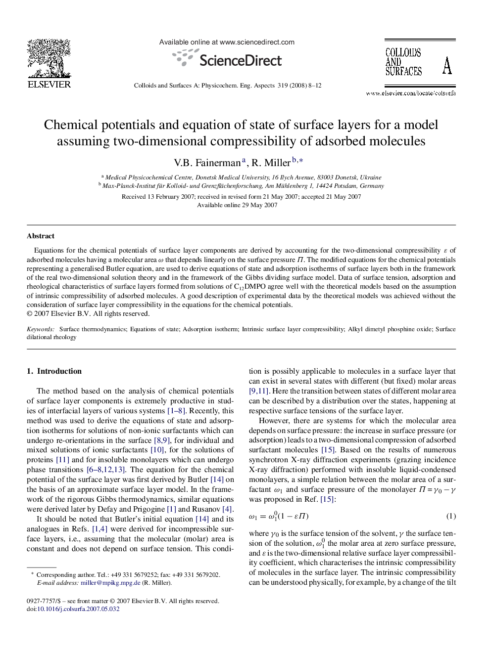 Chemical potentials and equation of state of surface layers for a model assuming two-dimensional compressibility of adsorbed molecules