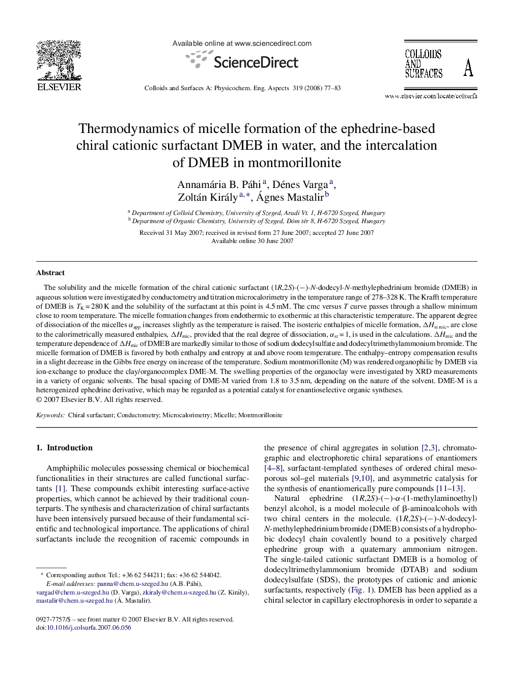 Thermodynamics of micelle formation of the ephedrine-based chiral cationic surfactant DMEB in water, and the intercalation of DMEB in montmorillonite