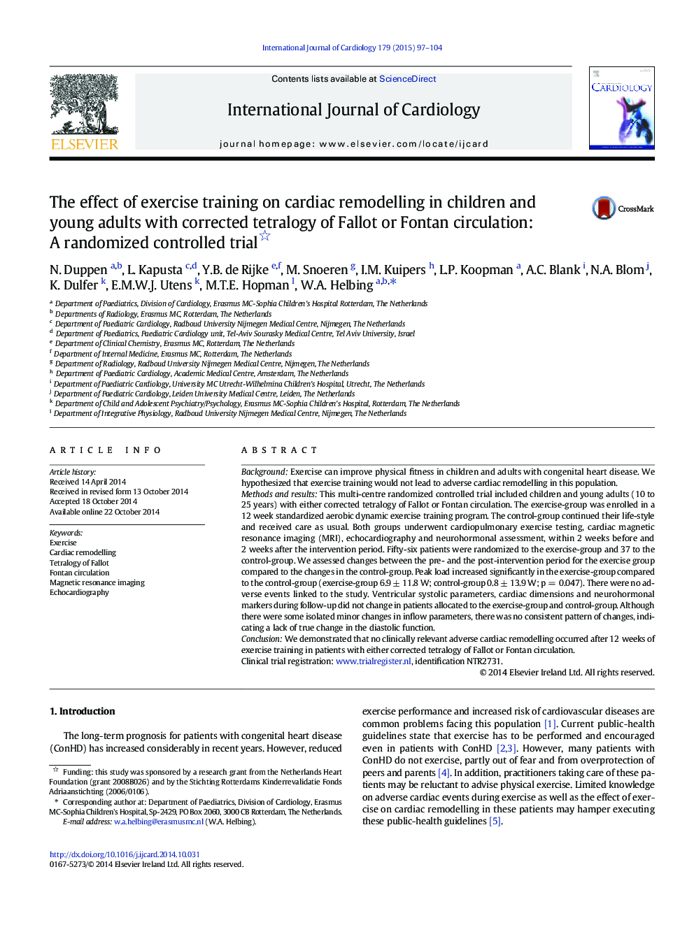 The effect of exercise training on cardiac remodelling in children and young adults with corrected tetralogy of Fallot or Fontan circulation: A randomized controlled trial