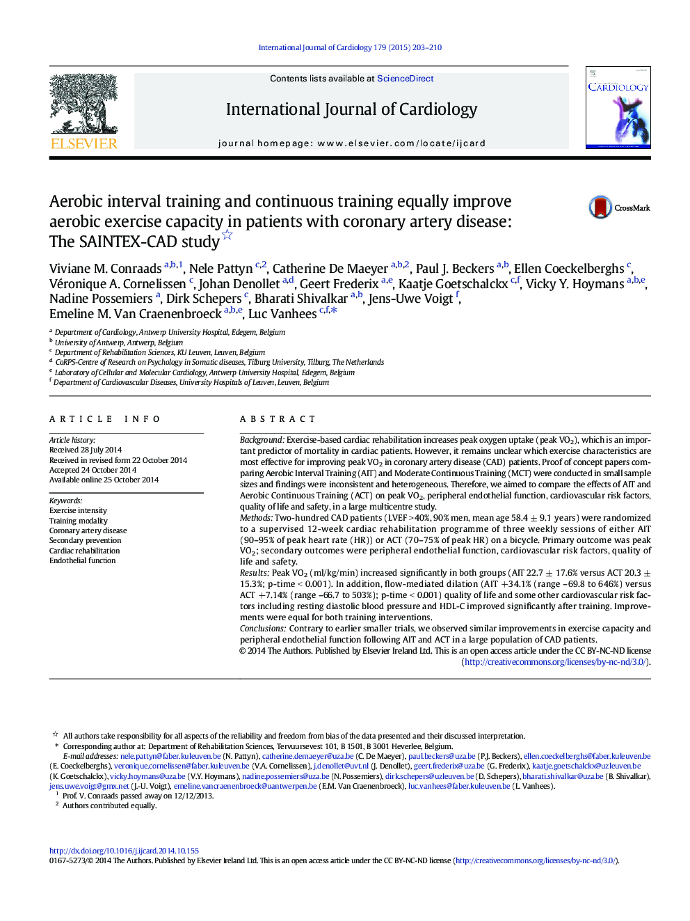 Aerobic interval training and continuous training equally improve aerobic exercise capacity in patients with coronary artery disease: The SAINTEX-CAD study