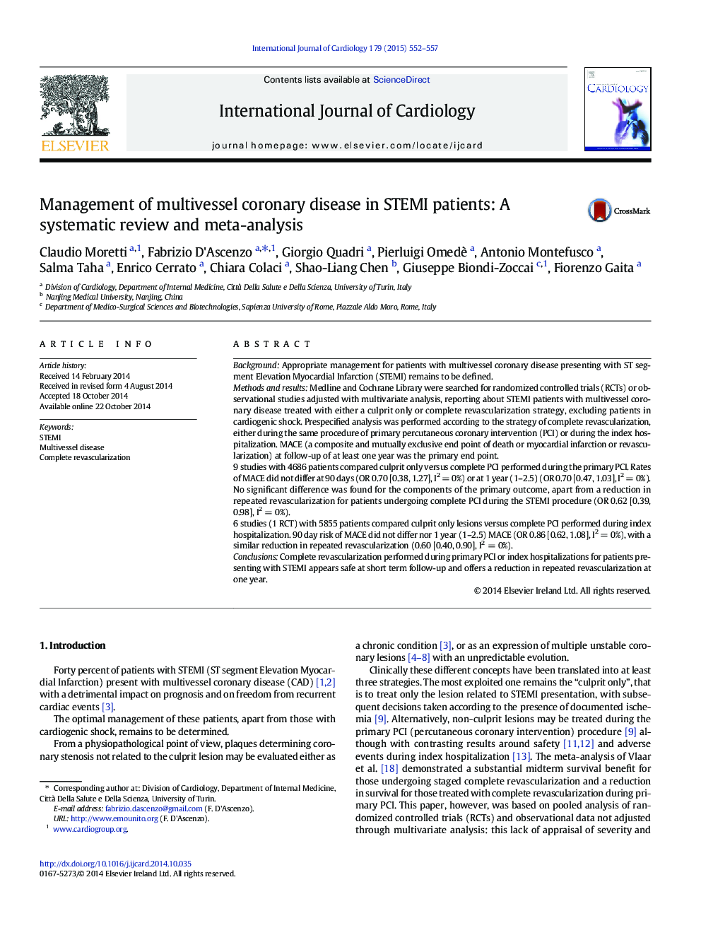 Management of multivessel coronary disease in STEMI patients: A systematic review and meta-analysis