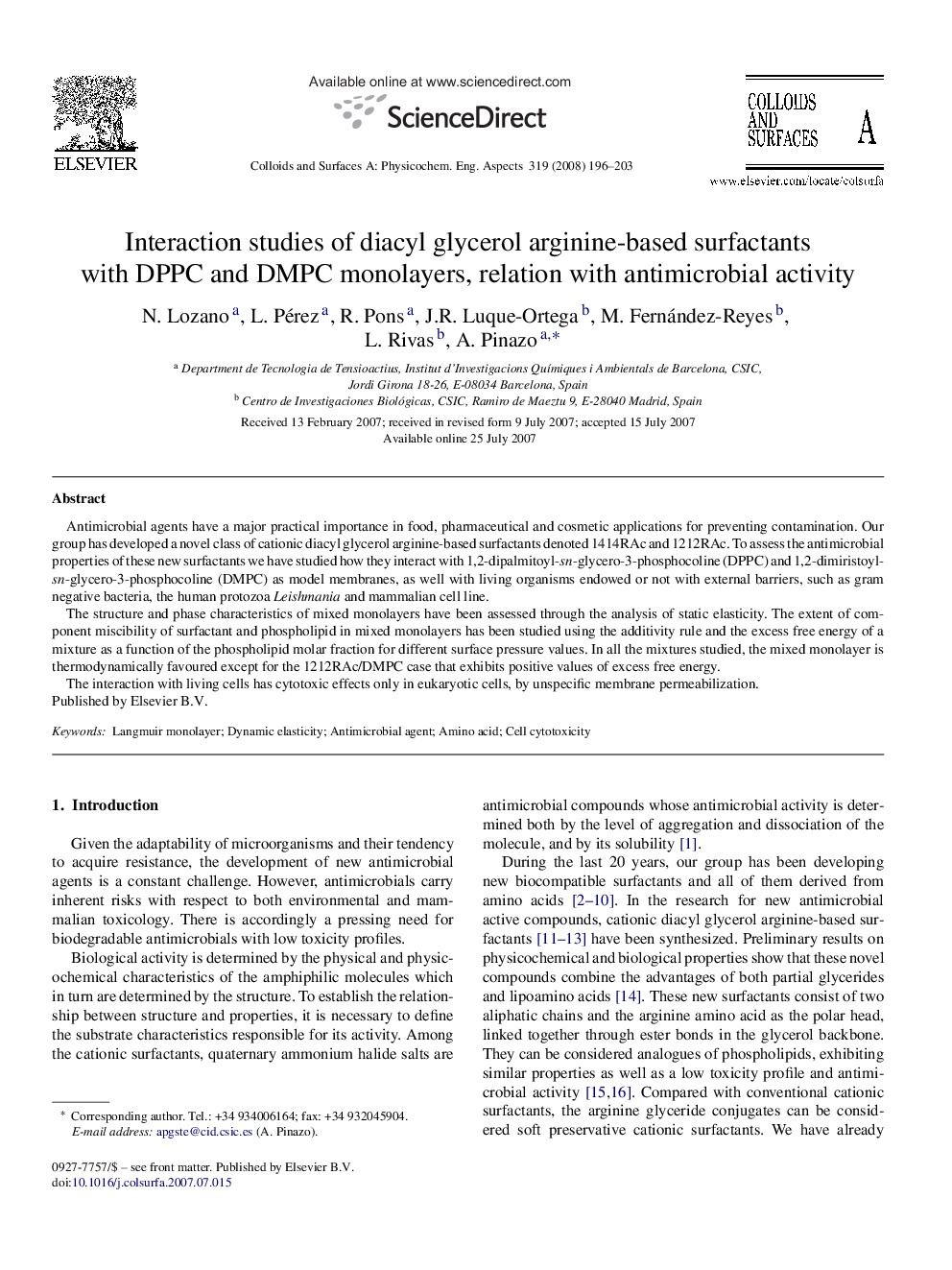 Interaction studies of diacyl glycerol arginine-based surfactants with DPPC and DMPC monolayers, relation with antimicrobial activity