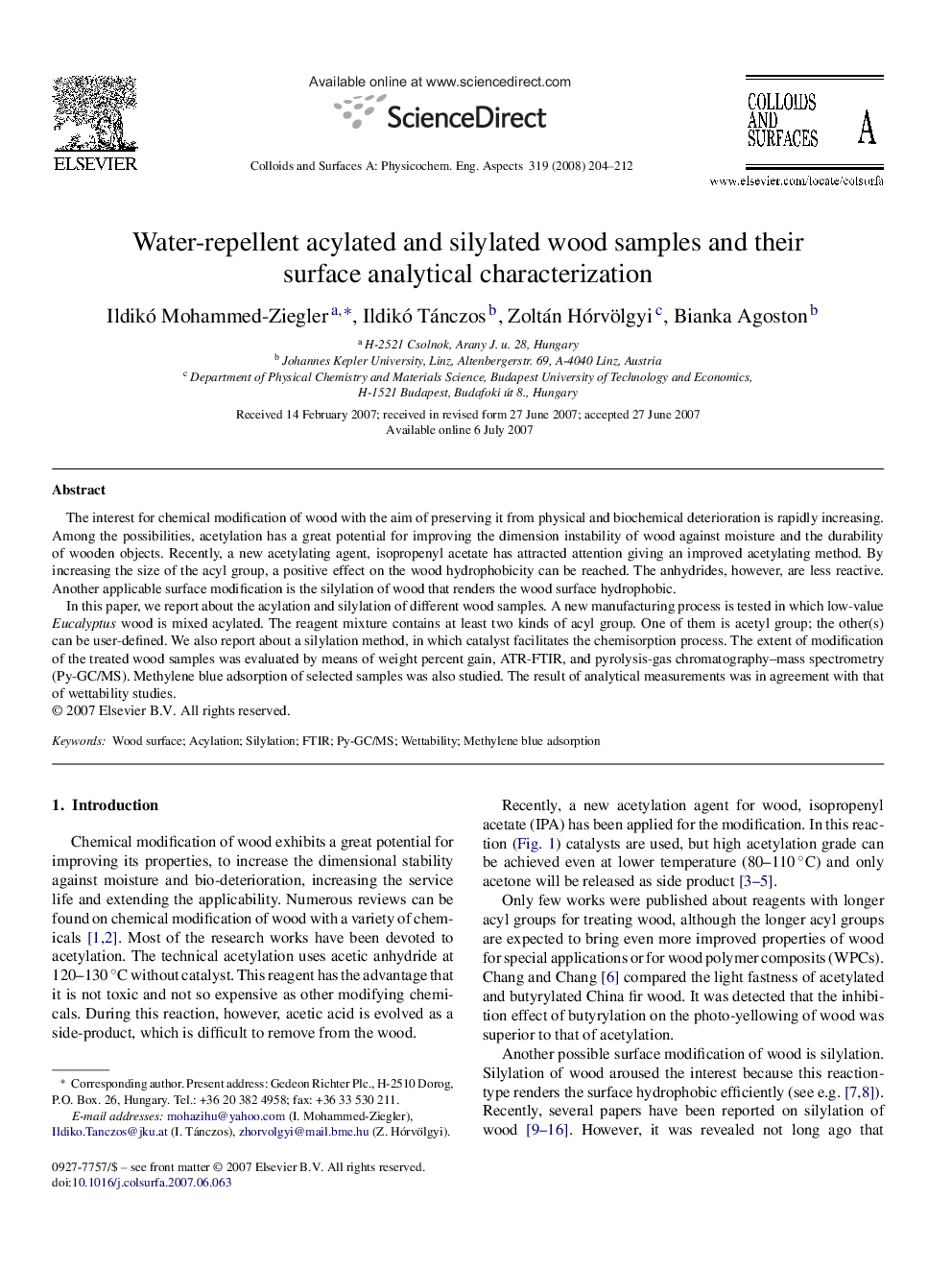 Water-repellent acylated and silylated wood samples and their surface analytical characterization