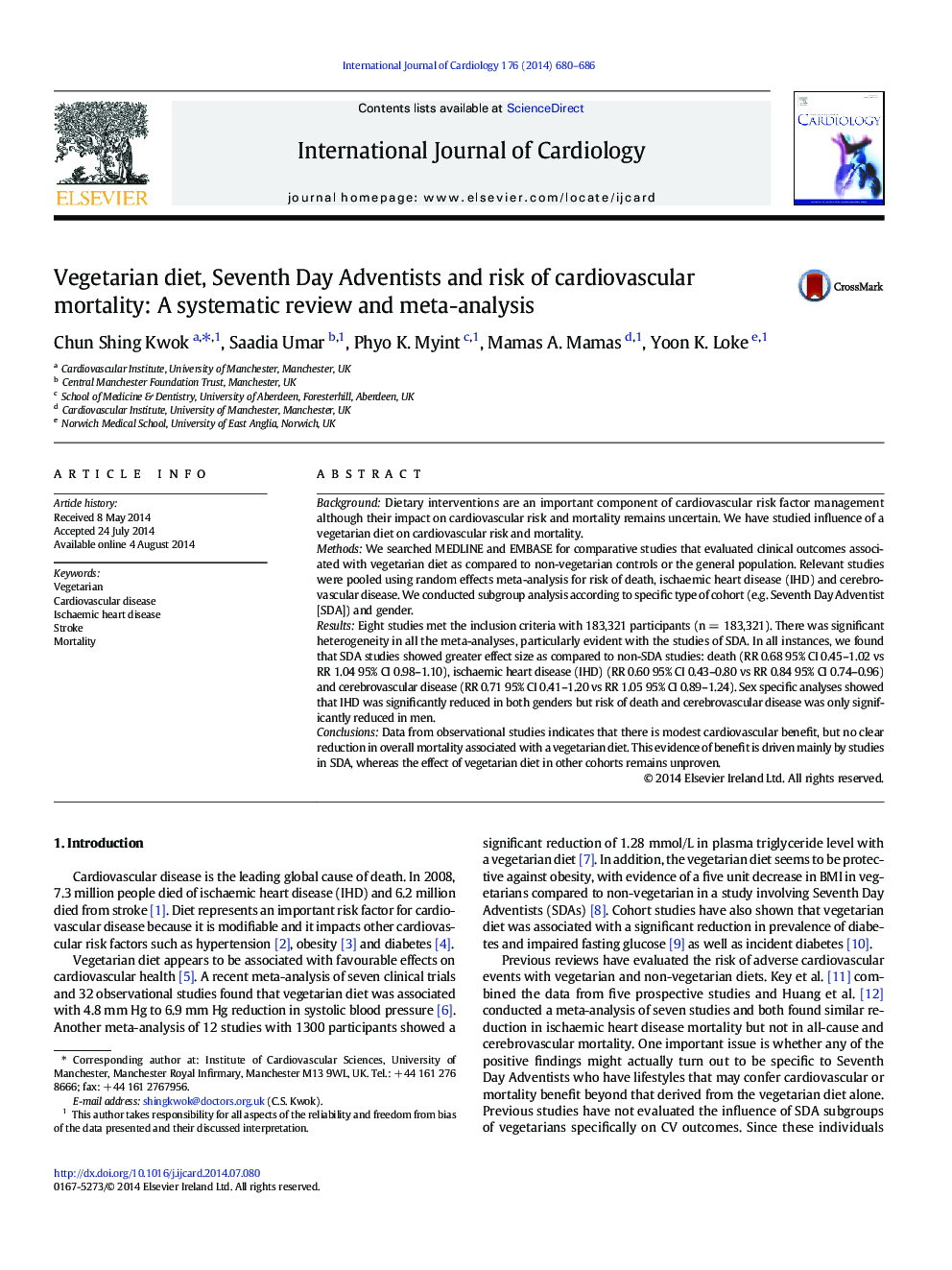 Vegetarian diet, Seventh Day Adventists and risk of cardiovascular mortality: A systematic review and meta-analysis