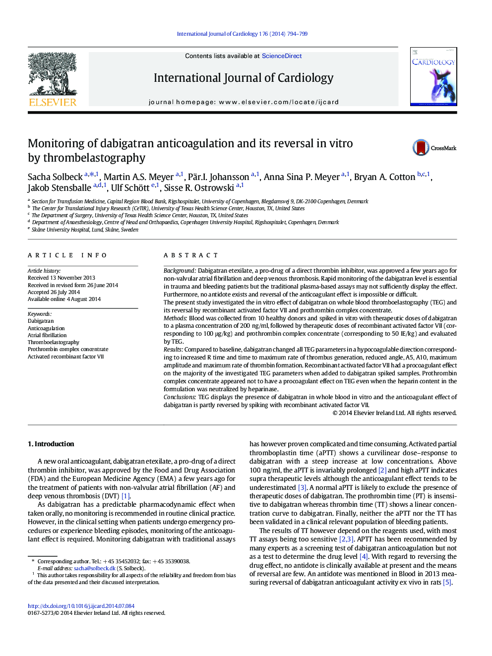 Monitoring of dabigatran anticoagulation and its reversal in vitro by thrombelastography