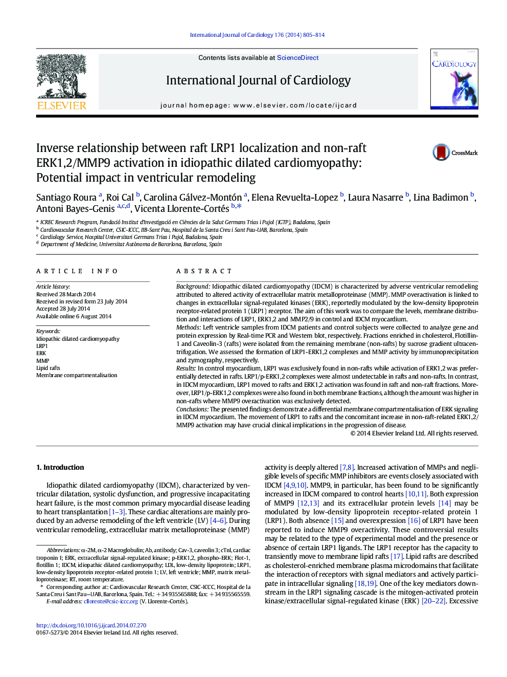 Inverse relationship between raft LRP1 localization and non-raft ERK1,2/MMP9 activation in idiopathic dilated cardiomyopathy: Potential impact in ventricular remodeling