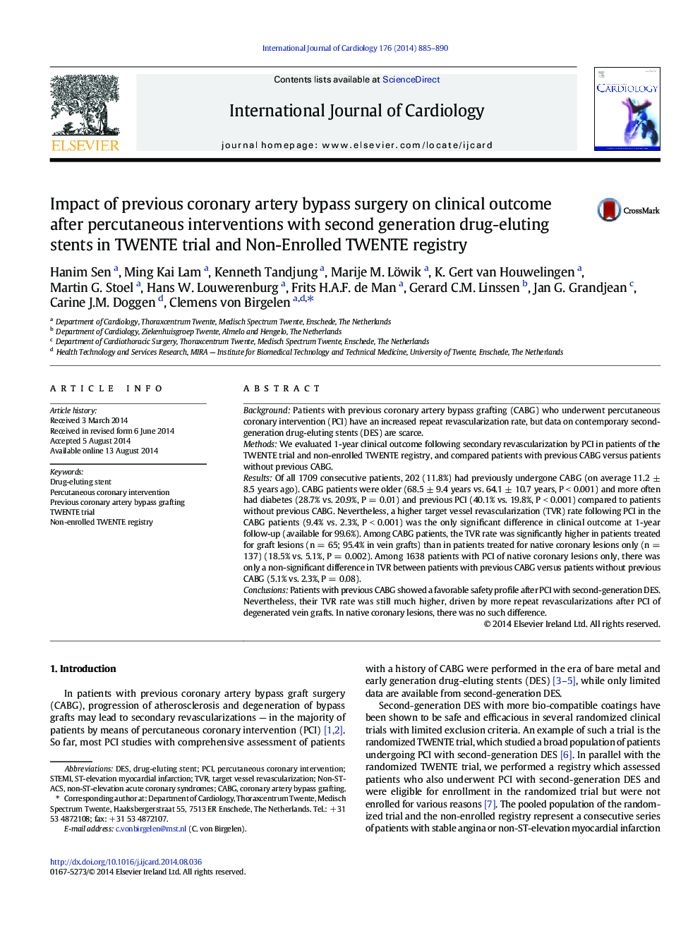 Impact of previous coronary artery bypass surgery on clinical outcome after percutaneous interventions with second generation drug-eluting stents in TWENTE trial and Non-Enrolled TWENTE registry