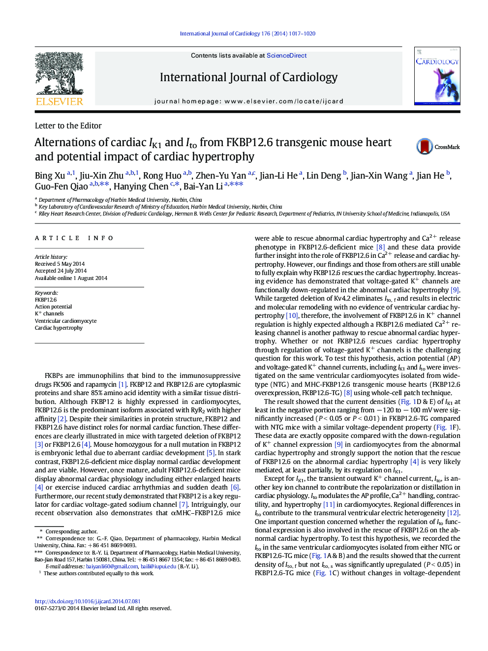 Alternations of cardiac IK1 and Ito from FKBP12.6 transgenic mouse heart and potential impact of cardiac hypertrophy