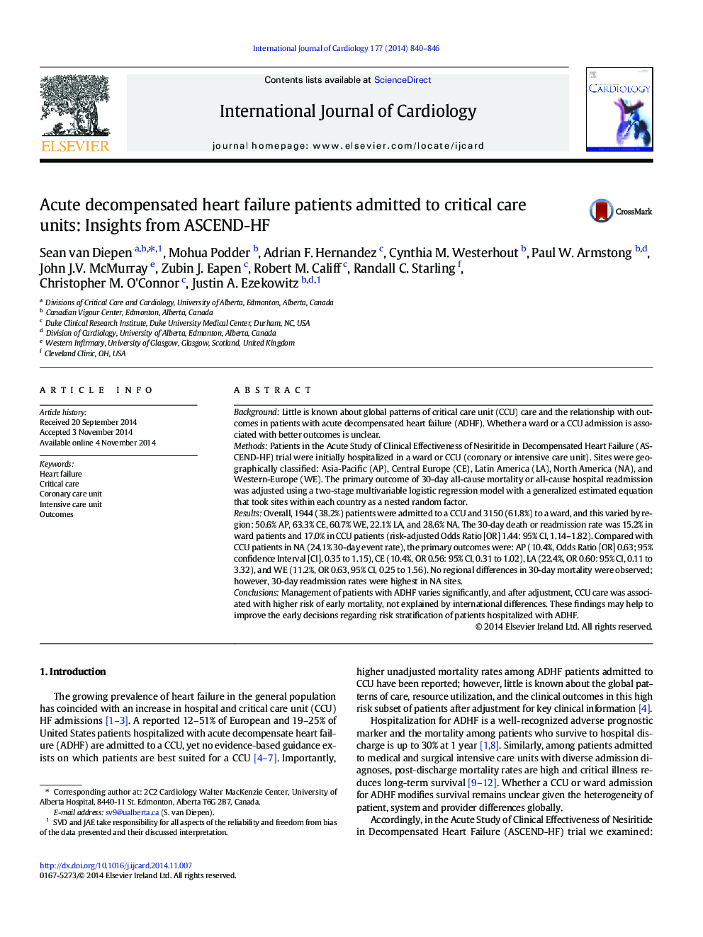 Acute decompensated heart failure patients admitted to critical care units: Insights from ASCEND-HF