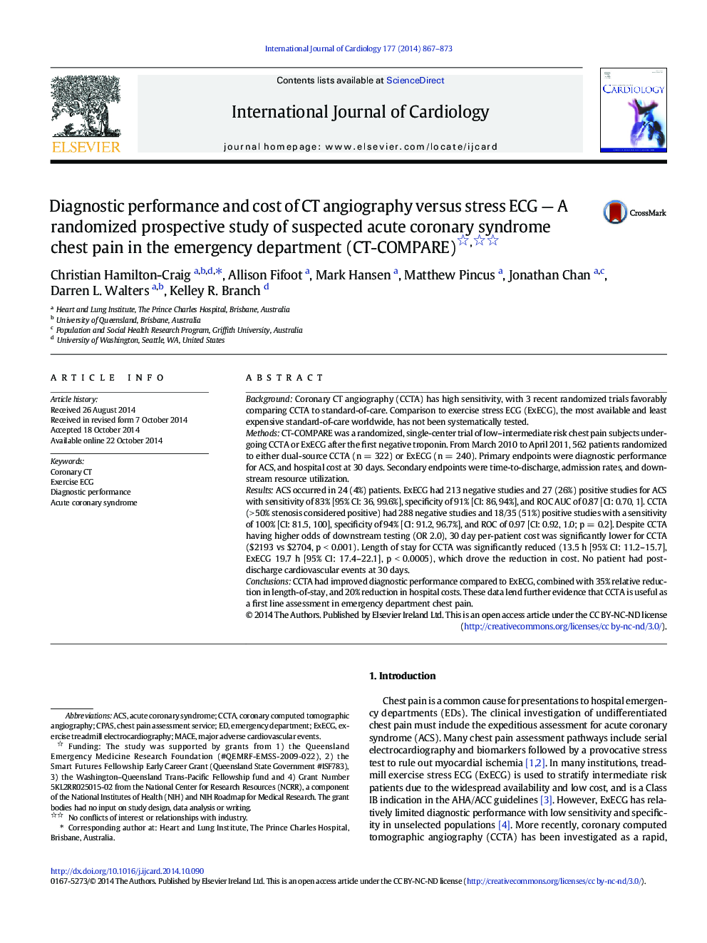 Diagnostic performance and cost of CT angiography versus stress ECG - A randomized prospective study of suspected acute coronary syndrome chest pain in the emergency department (CT-COMPARE)