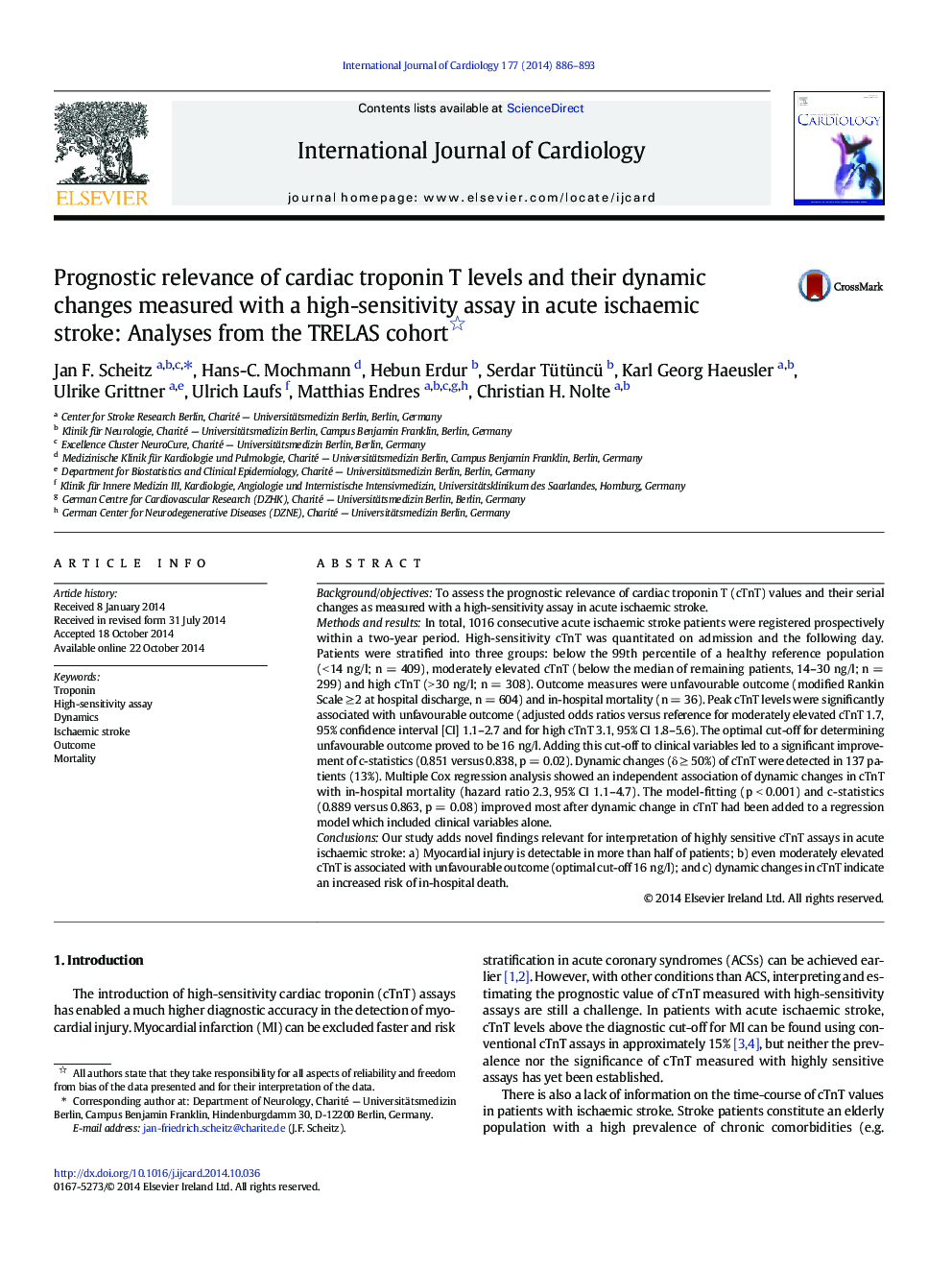 Prognostic relevance of cardiac troponin T levels and their dynamic changes measured with a high-sensitivity assay in acute ischaemic stroke: Analyses from the TRELAS cohort