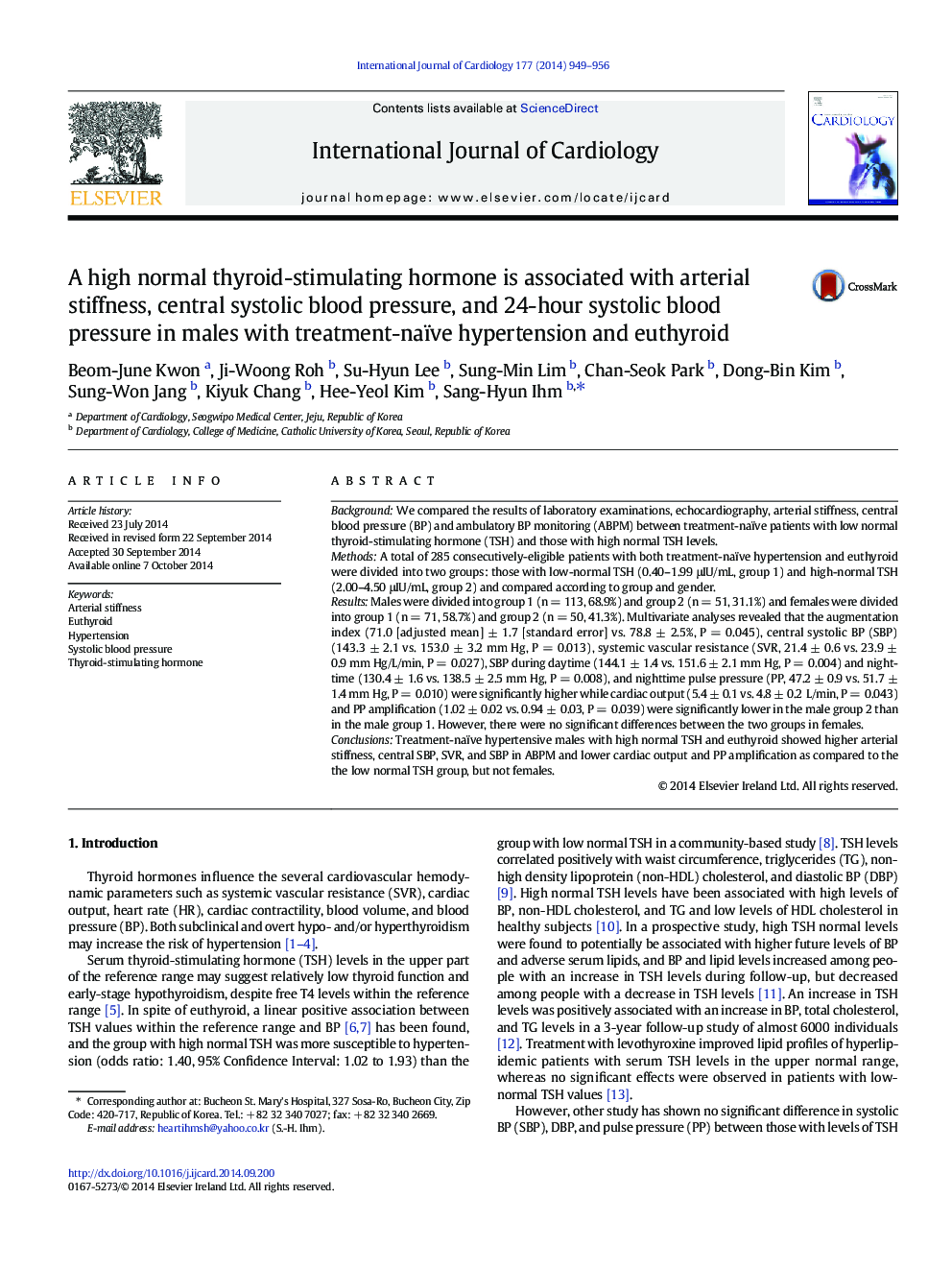 A high normal thyroid-stimulating hormone is associated with arterial stiffness, central systolic blood pressure, and 24-hour systolic blood pressure in males with treatment-naïve hypertension and euthyroid