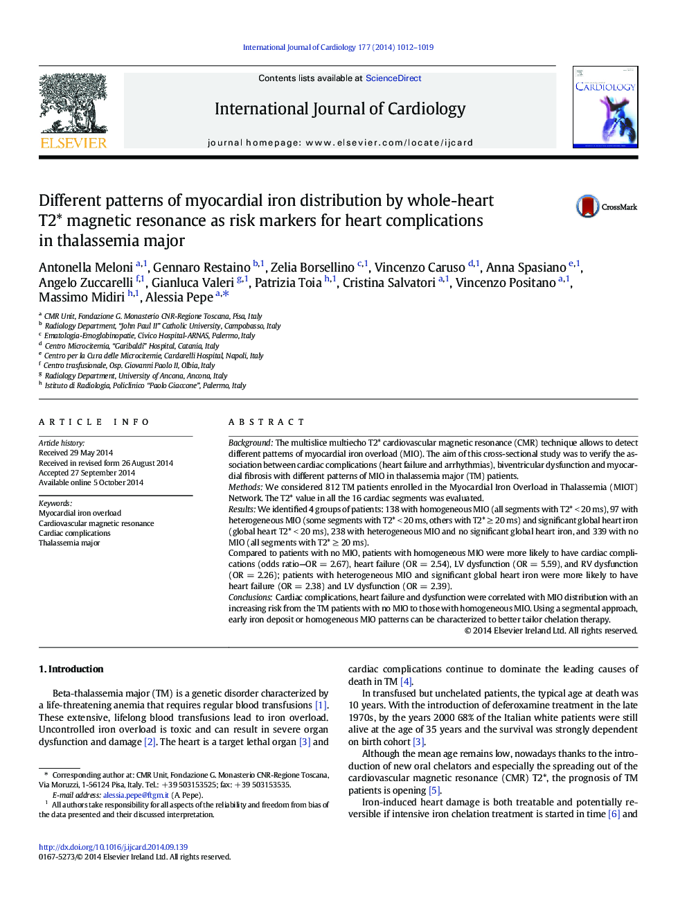 Different patterns of myocardial iron distribution by whole-heart T2* magnetic resonance as risk markers for heart complications in thalassemia major