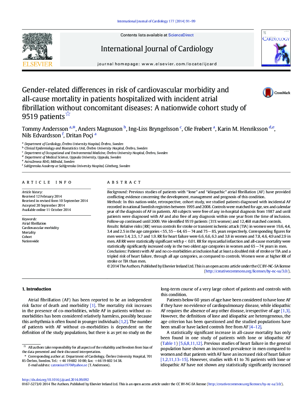 Gender-related differences in risk of cardiovascular morbidity and all-cause mortality in patients hospitalized with incident atrial fibrillation without concomitant diseases: A nationwide cohort study of 9519 patients