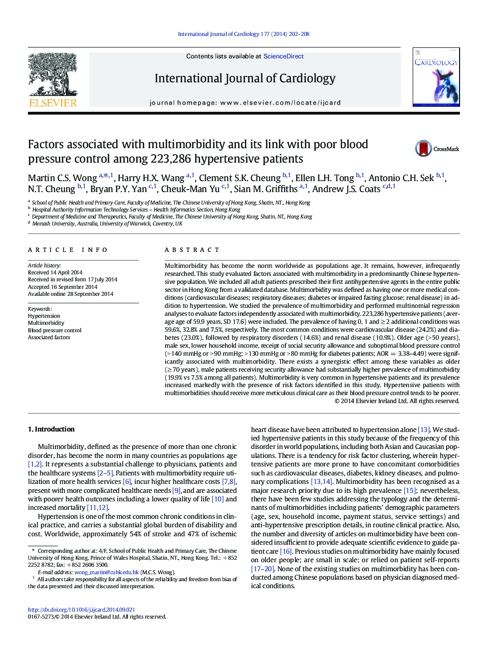 Factors associated with multimorbidity and its link with poor blood pressure control among 223,286 hypertensive patients