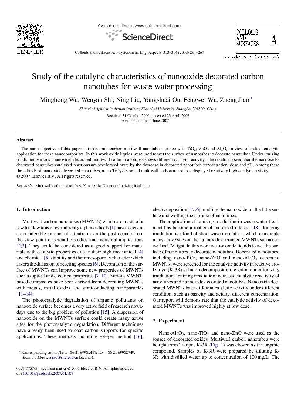 Study of the catalytic characteristics of nanooxide decorated carbon nanotubes for waste water processing