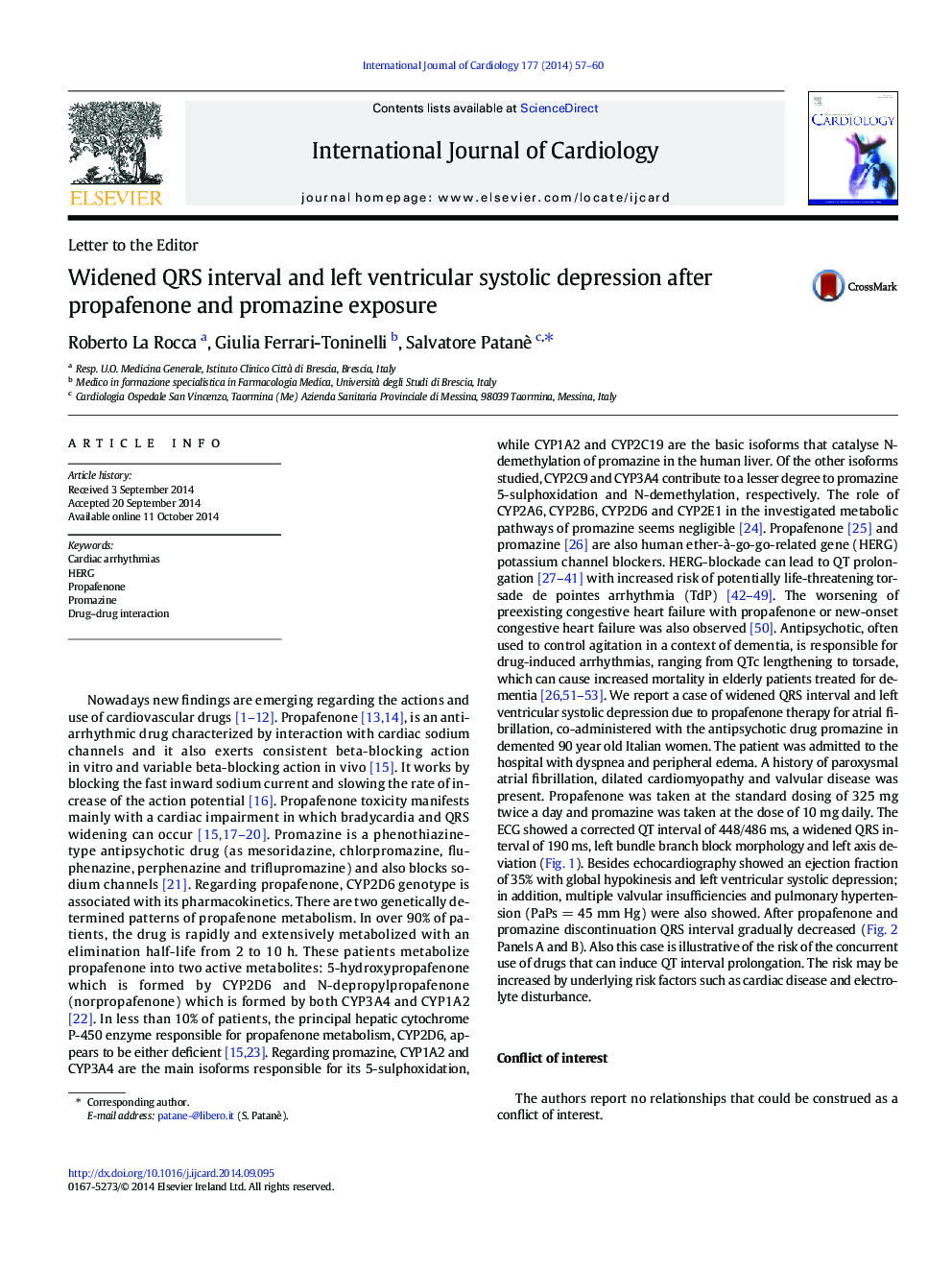 Widened QRS interval and left ventricular systolic depression after propafenone and promazine exposure