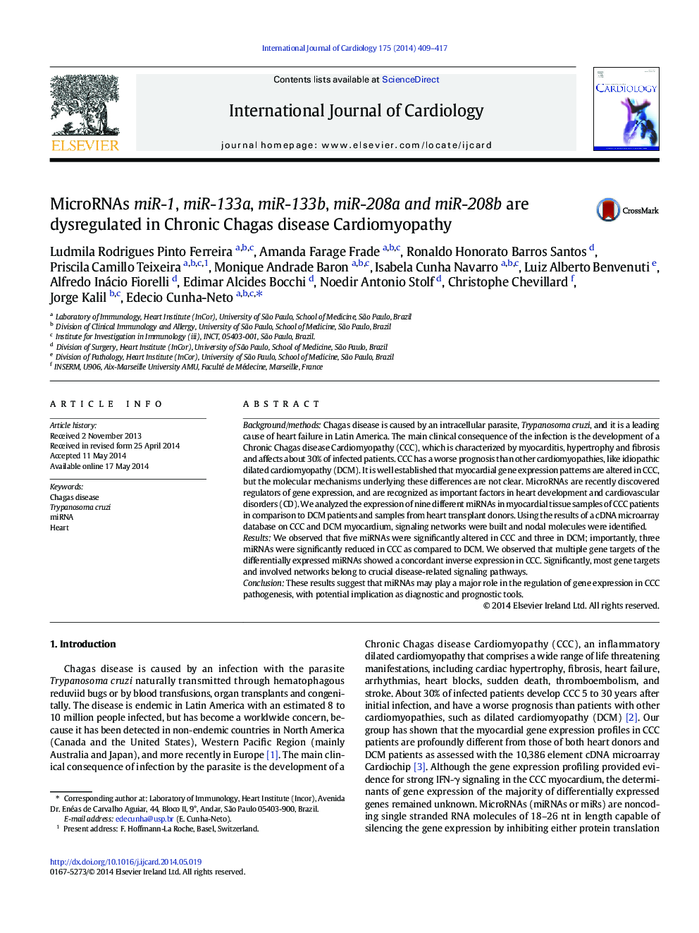 MicroRNAs miR-1, miR-133a, miR-133b, miR-208a and miR-208b are dysregulated in Chronic Chagas disease Cardiomyopathy